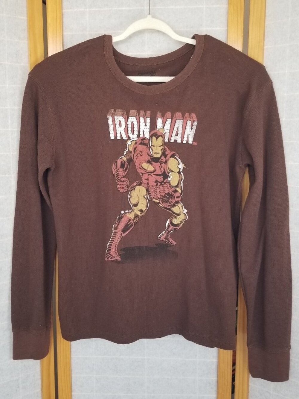 Iron Man Shirt Brown Long Sleeves Waffle Knit Thermal Crew Neck Marvel XXL
